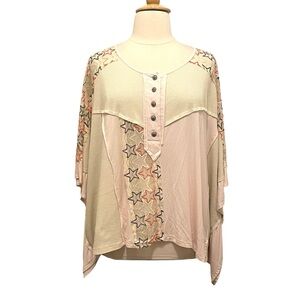 POL Cream and Blush Pink Star-Embroidered Top L